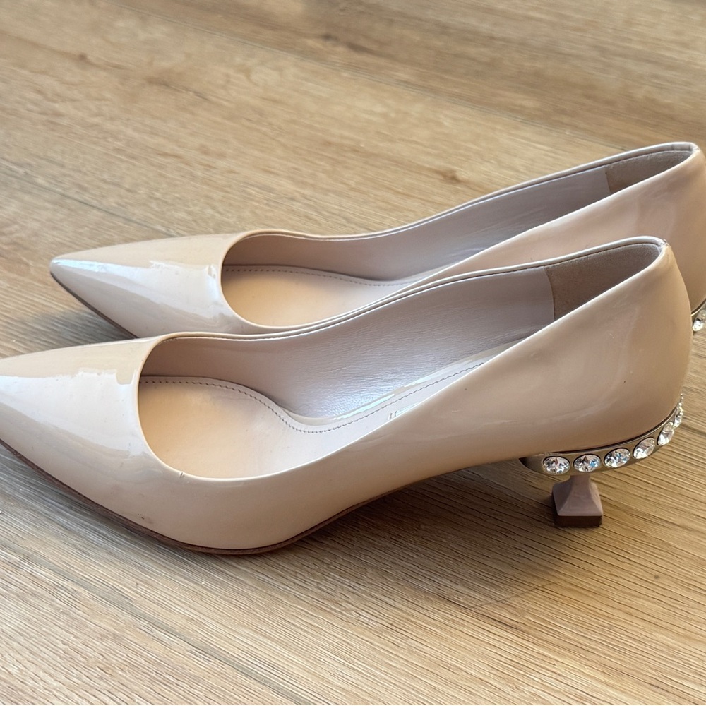 Miu Miu Nude Patent Pointed-Toe Pumps with Crystal-Embellished Heel